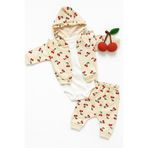 Linda Harris Cherry Pattern Krem Kapüşonlu Bodyli 3’lü Yenidoğan Kız Bebek Takımı