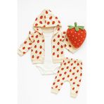 Linda Harris Strawberry Pattern Krem Kapüşonlu 3’lü Bodyli 3’lü Yenidoğan Bebek Takımı