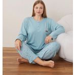 Lindros Kadın Pamuklu Düğme Yaka Raporlu İnterlok Battal Pijama Takımı 05108 - 1 Adet Su Yeşil-4XL