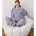 Lindros Kadın Pamuklu Düğme Yaka Raporlu İnterlok Battal Pijama Takımı 05114 - 1 Adet Lila-4XL