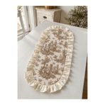 linea natura home Kahve Fransız Köylü Desenli Fırfırlı Oval Runner Keten Toile De Jouy Masa Örtüsü