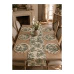 linea natura home Runner Duck Kumaş ve 6’lı Supla Amerikan Servis Seti - Bohem Vintage Fransız Köylü Desenli Yuvarlak Masa Dekoru - 7 Parça Çeyiz Seti
