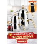 Lines Ayperi Orta + Mega Boy 2’li Çaydanlık Seti Altın Kulp | Termos Hediyeli