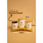 LİNGO HOME Bambu Kapaklı , Köprü Standlı 3' lü Porselen SALT-PEPPER-MINT yazılı Baharatlık -Vakumlu-30*16 cm