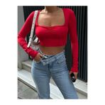 Linich&Co Büzgülü Uzun Kollu Esnek Kırmızı Crop Bluz wft5057