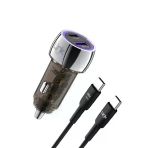 Linktech C437 55W Dual Pd30w + Qc25w Şeffaf Araç Şarj Aleti Type-C To Type-C Kablo Set