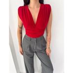 Linum Kadın Vatkalı Kolsuz V Yaka Drapeli Crop Bluz Likralı Fit - Kırmızı