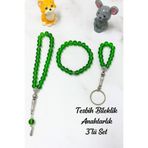 Lio20 Oniks Taşı Cam Bileklik-33Lü Tesbih-Anahtarlık Seti | 3Lü Set | Hediye Aksesuar Kombin | Yeşil