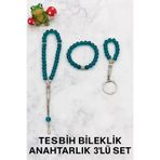 Lio20 Oniks Taşı Cam Bileklik-33Lü Tesbih-Anahtarlık Seti| 3Lü Set| Hediye Aksesuar Kombin|Petrol Yeşili