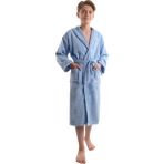 LIO20 Unisex Çocuk Genç 11-17 Yaş Arası Cepli Pamuklu Bukle Kadife Kapüşonlu Garson Boy Bornoz - Turkuaz - 15 - 16 Yaş - Mavi