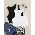 Liona 2 Li Paket Asimetrik Yaka Siyah Beyaz Renk Desensiz Fitilli Kolsuz Askılı Likralı Fit Spor Büstiyer
