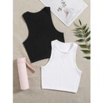 Liona 2 Li Paket Bisiklet Yaka Siyah Beyaz Renk Fitilli Kolsuz Fit Crop Top Bluz