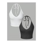 Liona 2 Li Paket V Yaka Siyah Antrasit Renk Desensiz Fitilli Kolsuz Boyun Askılı Likralı Fit Crop Top Bluz