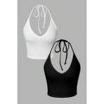 Liona 2 Li Paket V Yaka Siyah Beyaz Renk Desensiz Fitilli Kolsuz Boyun Askılı Likralı Fit Crop Top Bluz