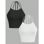 Liona 2'Li Paket Düz Desensiz Siyah Beyaz Renk Boyundan Bağlamalı Crop Top Bluz