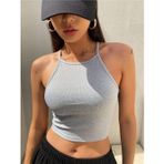 Liona Askılı Halter Yaka Yüzücü Sırtlı Gri Renk Fitilli Crop Top Bluz