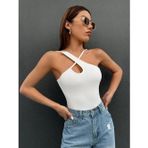 Liona Beyaz Renk Asimetrik Yaka Düz Desensiz İnce Çarpaz Askılı Likralı Fitilli Kaşkorse Crop Top Bluz