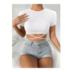 Liona Beyaz Renk Bisiklet Yaka Düz Desensiz Likralı İpli Fitilli Kaşkorse Crop Top Kısa Kollu Bluz