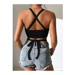 Liona Düz Yaka Çapraz Bağcıklı Askılı Siyah Renk Fitilli Crop Top Bluz