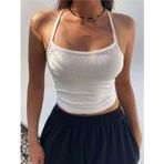 Liona Geniş Yaka Askılı Beyaz Renk Fitilli Crop Top Bluz