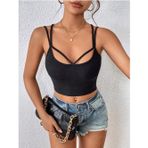 Liona Havuz Yaka Çapraz Askılı Siyah Renk Fitilli Crop Top Bluz