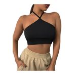 Liona Kadın Boyundan Bağlamalı Siyah Renk Crop Top Bluz
