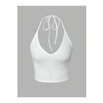 Liona V Yaka Beyaz Renk Desensiz Boyun Bağlamalı Fitilli Kolsuz Likralı Fit Crop Top Bluz