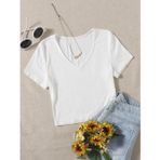 Liona V Yaka Beyaz Renk Fitilli Kısa Kollu Regular Crop Top Bluz