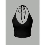 Liona V Yaka Siyah Renk Desensiz Boyun Bağlamalı Fitilli Kısa Kolsuz Likralı Fit Crop Top Bluz
