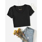 Liona V Yaka Siyah Renk Fitilli Kısa Kollu Regular Crop Top Bluz