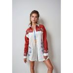 Lior Design Bej Nakışlı Renk Bloklu Oversize Gabardin Ceket BCHESQ-251024 - 36