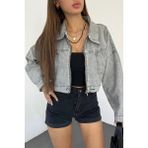 Lior Design Gri Çift Cepli Fermuarlı Yıkamalı Crop Denim Ceket BCDF-235410 - 36