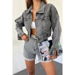 Lior Design Koyu Antrasit Çift Cepli Fermuarlı Yıkamalı Crop Denim Ceket BCDF-235410 - 36