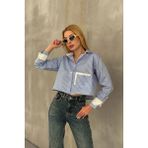Lior Design Mavi-Beyaz Manşet ve Cepleri Garnili Çizgili Oversize Crop Dokuma Gömlek BC231036 - 42 - Mavi - Beyaz