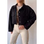 Lior Design Siyah Çift Cepli Lazer Kesim Yıkamalı Crop Denim Ceket BCDF-235408
