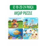 LİPYOS Çiftçi Çocuk Ve At Arabası, Oyun Parkı, Deniz Ve Tatil, Denizaltı Ahşap 4'lü Puzzle Seti