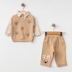 Little Pumpkin Erkek Bebek Ekose Gömlek Detaylı 2li Takım - 3 - 6 Ay - Bej