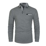 LIUPMWE Erkek Polo Gömlek Uzun Kollu Pamuklu Polo Gömlek Temel Günlük Fitness Düz Golf Tişörtü Göğüs Cepli S-2XL，Koyu Gri，M