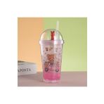 Livava Ayıcıklar Işıklı ve Pipetli Bardak, 450 ml, Buzlu ve Kapaklı, Pembe, 20x8