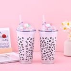 Livava Benekli Işıklı ve Pipetli Bardak, 450 ml, Buzlu ve Kapaklı, Beyaz, 20x8