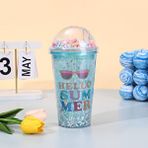 Livava Sloganlı Işıklı ve Pipetli Bardak, 450 ml, Buzlu ve Kapaklı, Mavi, 20x8