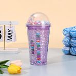 Livava Sloganlı Işıklı ve Pipetli Bardak, 450 ml, Buzlu ve Kapaklı, Mor, 20x8