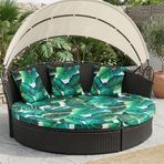 LiveGo Dış Mekan Daybed Yastık Kılıfı, 167,6 cm Elastik Bantlı Yedek Daybed Kılıfı, Güneş Yatağı Minder Kılıfı, Dış Mekan Yuvarlak Yatak Minder Kılıfları (Yapraklar B, 1 Yuvarlak Kılıf + 3 Yastık