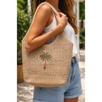 Livera Home Palmiye Detaylı File Örgü Plaj Çantası, Kadın Omuz Çantası - 30x35 cm - Camel