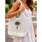 Livera Home Palmiye Detaylı File Örgü Plaj Çantası, Kadın Omuz Çantası - 30x35cm - Beyaz