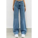 Livik Fashion Nova Gold Likralı Salaş Kadın Orta Kar Mavi Süper Yüksek Bel Salaş Paça Denim Kot Pantolon