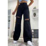 Livik Froza Siyah Yırtık Detay Likralı Süper Yüksek Bel Salaş Jeans Palazzo Pantolon. (süper Yüksek)
