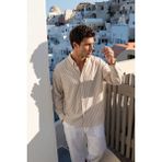 Livio Ferri Arin %100 Pamuk Keten Dokulu Çizgili Oversize Erkek Gömlek - Beyaz - Krem