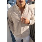 Livio Ferri Arin %100 Pamuk Keten Dokulu Çizgili Oversize Erkek Gömlek - XL - Beyaz - Krem