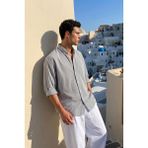 Livio Ferri Arin %100 Pamuk Keten Dokulu Çizgili Oversize Erkek Gömlek - XL - Beyaz - Siyah